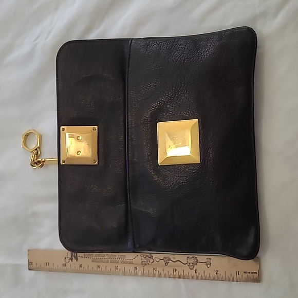 Zac Pozen Italian Black Leather Clutch with Gold Tone Hardware Unique Clasp - Picture 5 of 11